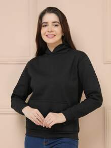 Moletom Feminino Canguru Flanelado Liso com Capuz e Bolso - Preto - Visão 1