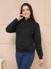 Moletom Feminino Canguru Flanelado Liso com Capuz e Bolso - Preto - Visão 2