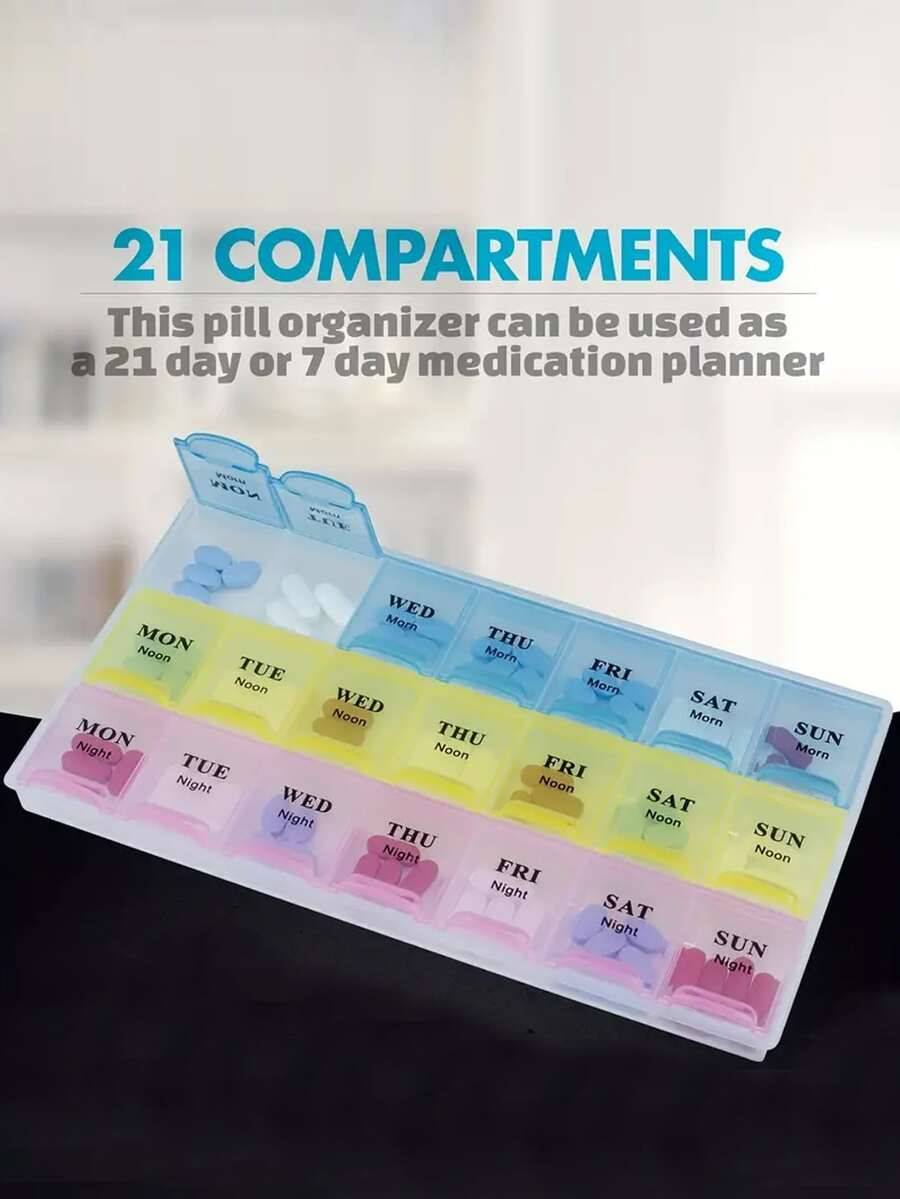 1 件三排 21 格藥盒,7 天藥盒,英文便攜式家用大容量保健盒,塑膠藥丸收納盒,藥丸收納盒藥盒收納盒藥盒急救箱醫療包適合旅行家庭露營戶外徒步狩獵 - 彩色 - 查看 1