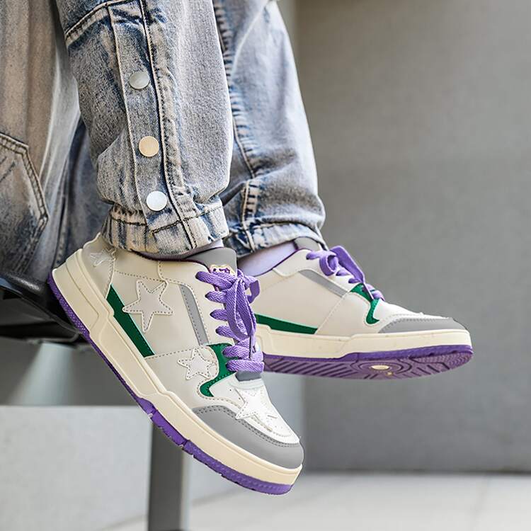 Men Colorblock Lace-up Front Skate Shoes, Sport Outdoor Sneakers - Purple - View 2