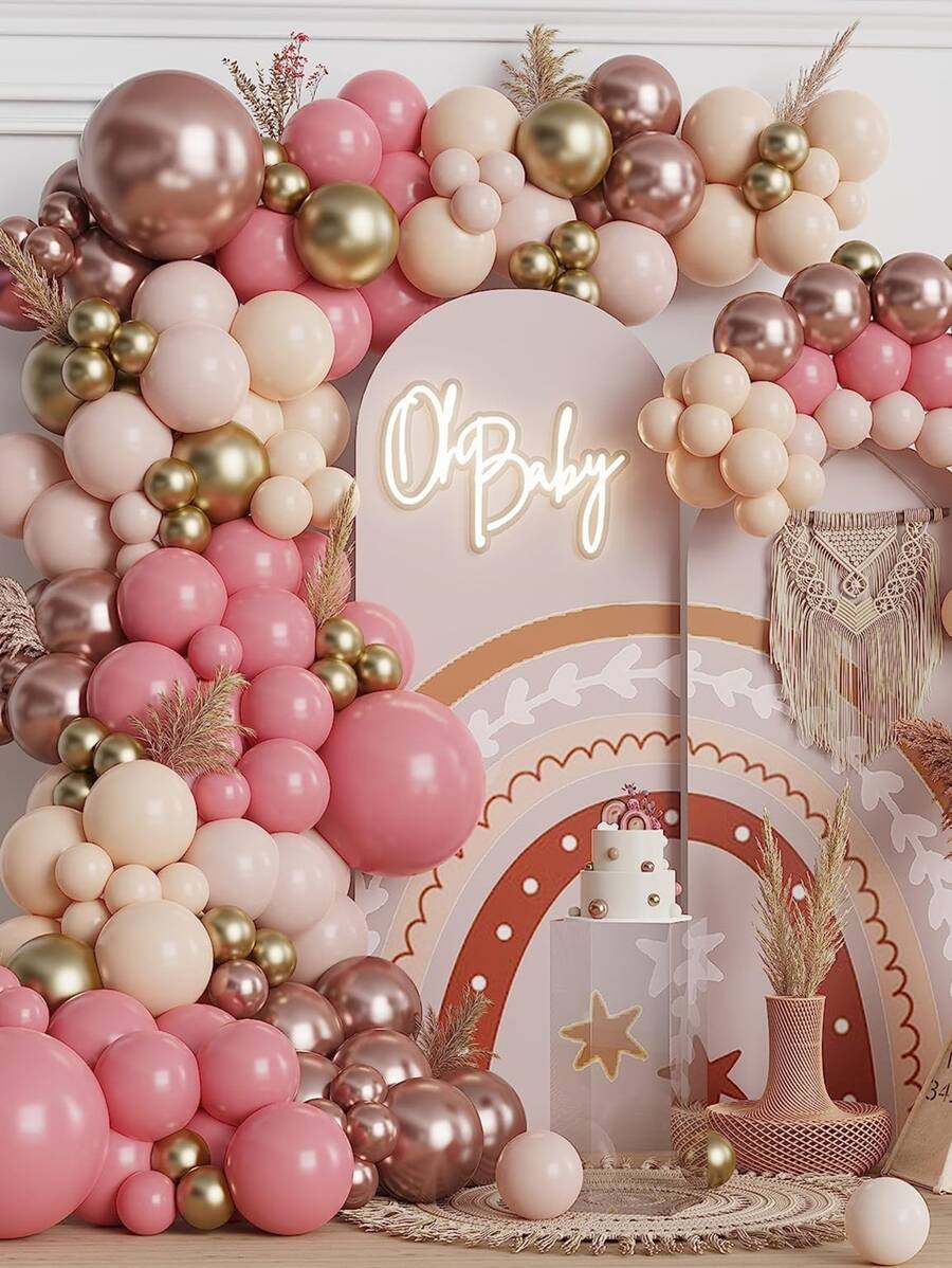 147 件波西米亚风淡粉色气球花环拱门套件带镀铬金属玫瑰金色气球适用于中性婴儿送礼会新娘送礼会生日派对装饰 - 彩色 - 查看 1