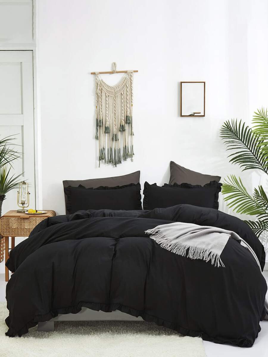 Set din trei piese de husă de pilota, periată, cu volane neagră, cremoasă