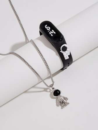 Teen' M3 Space Black Astronaut Electronic Watch + Space Boy Necklace Set