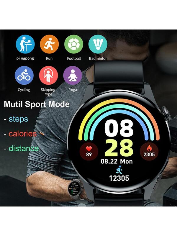 1pc Men's Threebead Steel Strap Sports Round Full Touch Smart Watch