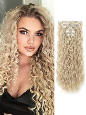 万圣节 6 件夹式 16 夹合成 22 英寸水波接发片长美人鱼波浪合成纤维夹式女士假发