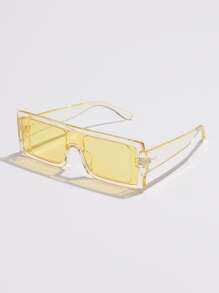 1入女款黃色塑料方形酷炫時尚太陽鏡,適合日常、戶外、度假,附眼鏡盒
