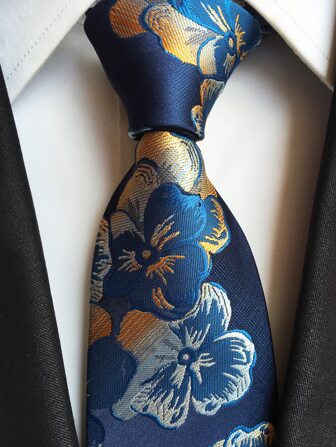 1pc Men's 8cm Navy Blue Base With Gold Flower Necktie, Fashionable Party Gift Necktie Work,School Men Necktie