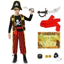 Pirate Costume for Boys Halloween Role Play Dress Up Set with Pirate Accessories, Kids Halloween Theme Party Cosplay Gift - 彩色 - 查看 1