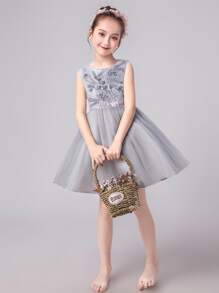 Vestido de tutú gris para niña preadolescente, vestido de niña de las flores para boda y fiesta - Gris - Ver 1