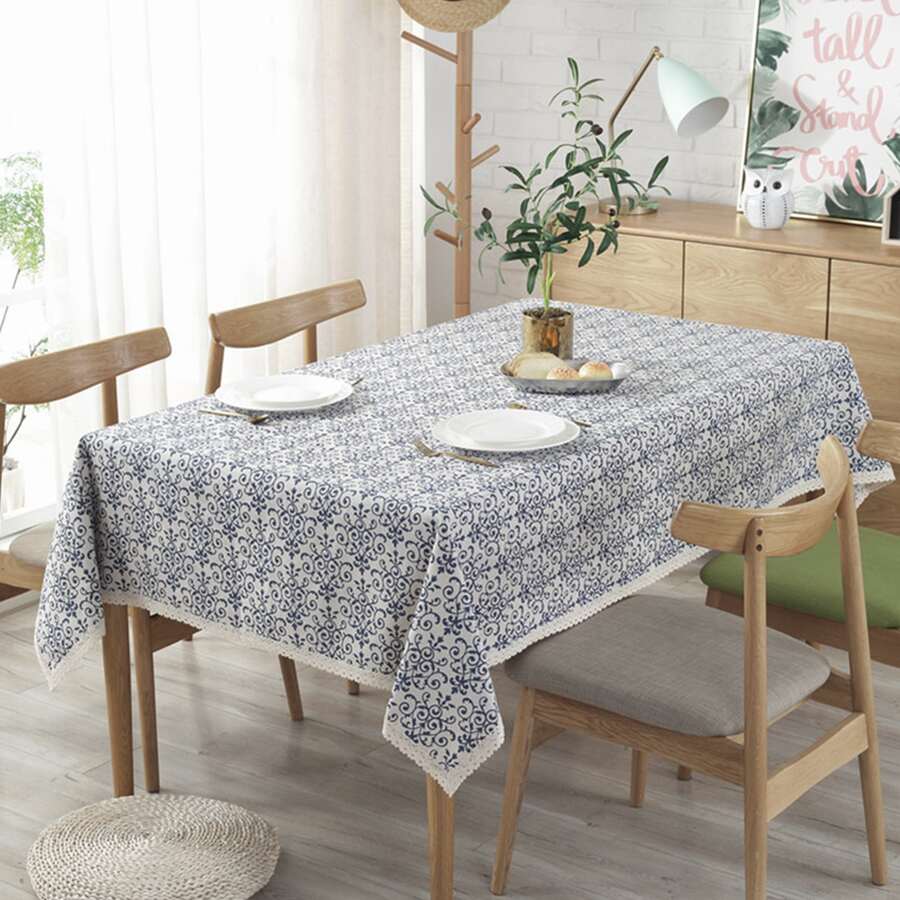 Blue And White Porcelain Pattern Tablecloth, 140cm Width X 200cm Length - 藍白色 - 查看 1