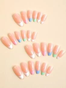 Upgrade Your Look with 24pcs Long Oval Candy Color French Two Tone Fake Nail & 1sheet Tape & 1pc Nail File - Multicolor - View 3