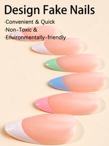 Upgrade Your Look with 24pcs Long Oval Candy Color French Two Tone Fake Nail & 1sheet Tape & 1pc Nail File - Multicolor - View 4
