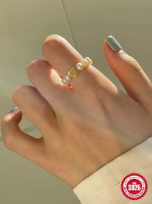 1入歐美風純銀心形彈性假珍珠戒指，新穎獨特的設計，適用於女性 - 金色 - 查看 1