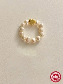 1入歐美風純銀心形彈性假珍珠戒指，新穎獨特的設計，適用於女性 - 金色 - 查看 6