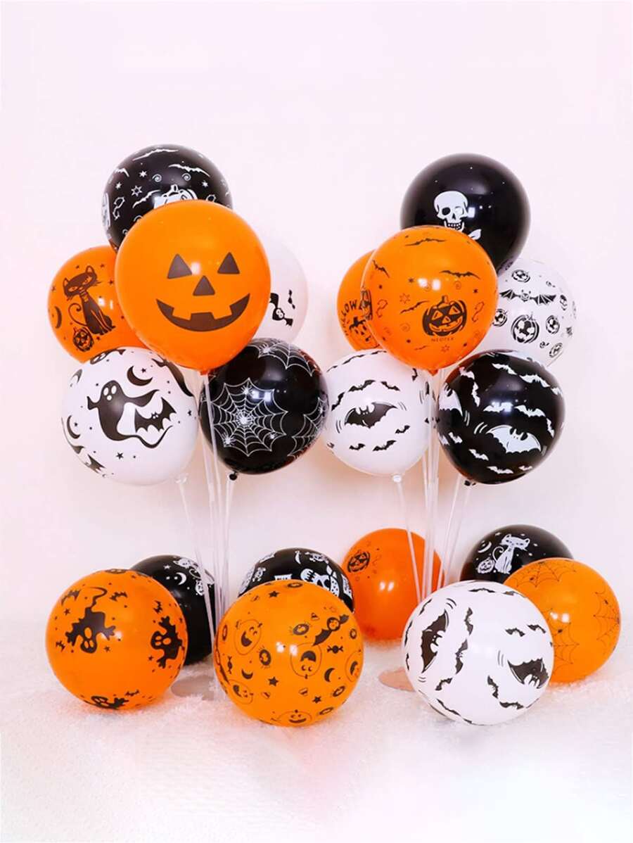 20入組萬聖節圖案蝙蝠,黑色貓,蜘蛛形狀氣球(10寸),隨機風格帶膠黏劑點和緞帶 - 彩色 - 查看 1