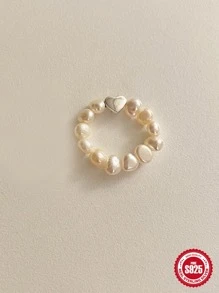 1入組歐美風格S925銀彈性心形人造珍珠串珠圓環適合女士,獨特設計