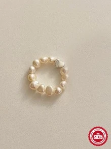 1入組歐美風格S925銀彈性心形人造珍珠串珠圓環適合女士,獨特設計