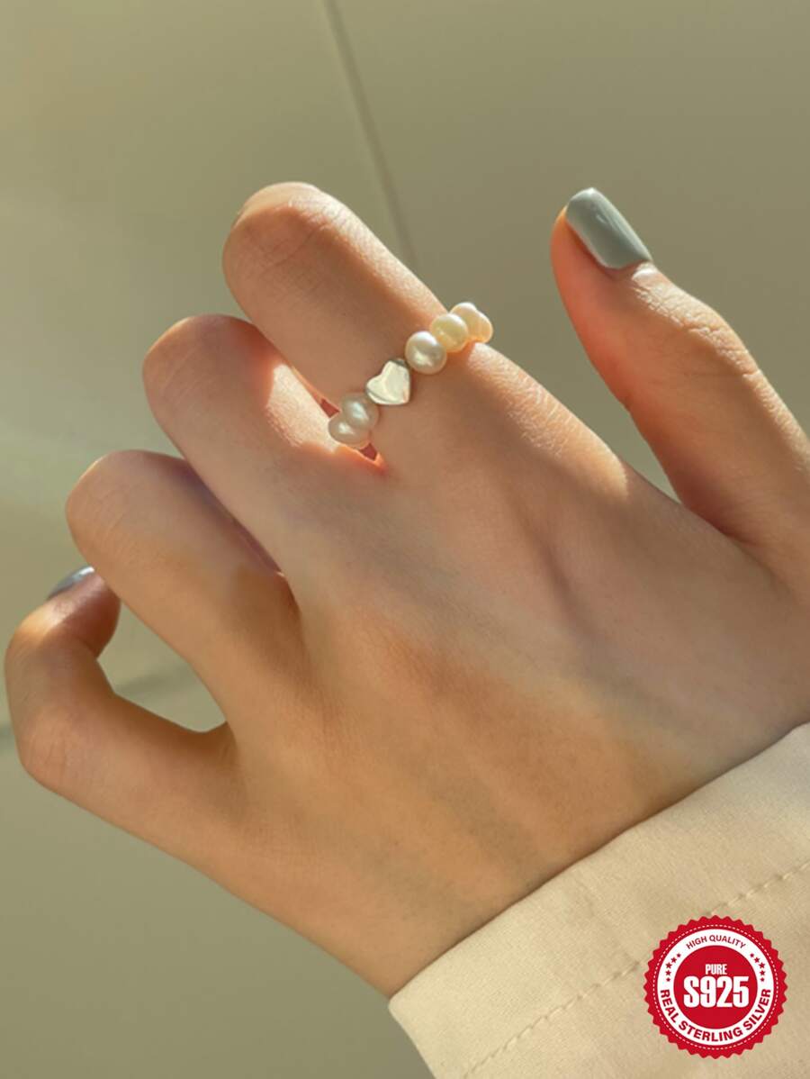 1入組歐美風格S925銀彈性心形人造珍珠串珠圓環適合女士,獨特設計