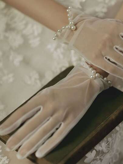 1 đôi găng tay cô dâu làm từ vải voan trắng và ngọc trai giả, được may thủ công, kiểu ngắn, thích hợp cho chụp ảnh cưới, phụ kiện mùa thu, phụ kiện ngày Valentine.