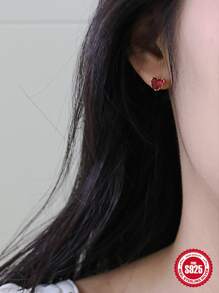 1pair European And American Fashion Simple S925 Sterling Silver Heart Stud Earrings, Red, Versatile And Small Earrings For Women Valentines