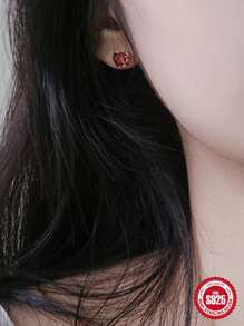 1pair European And American Fashion Simple S925 Sterling Silver Heart Stud Earrings, Red, Versatile And Small Earrings For Women Valentines