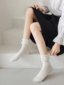 一對的JK襪子鏤空大蕾絲洛麗塔泡泡嘴唇蕾絲百搭可愛洛麗塔女士們襪子 - 白色 - 查看 4