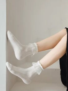 一對的JK襪子鏤空大蕾絲洛麗塔泡泡嘴唇蕾絲百搭可愛洛麗塔女士們襪子 - 白色 - 查看 3