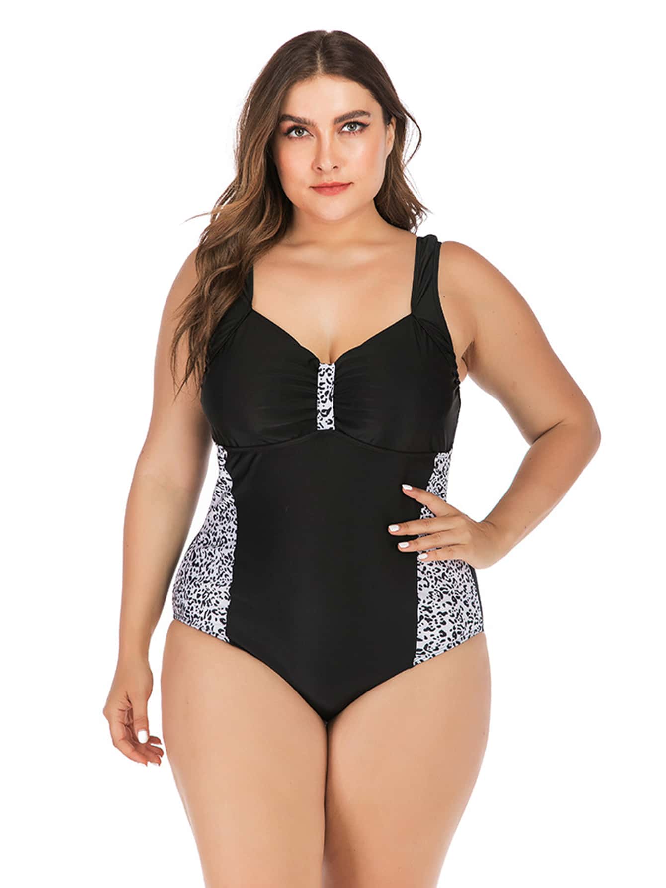 Plus Size Leopard Print One Piece Swimsuit Summer - Black - View 1