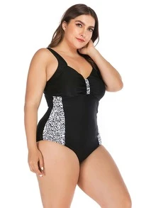 Plus Size Leopard Print One Piece Swimsuit Summer - Black - View 2