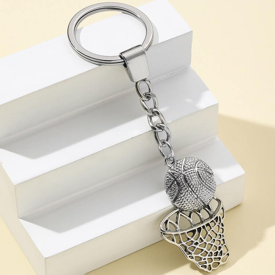 1pc Hip-hop Style Basketball Hoop Design Metal Keychain - Silver - View 1