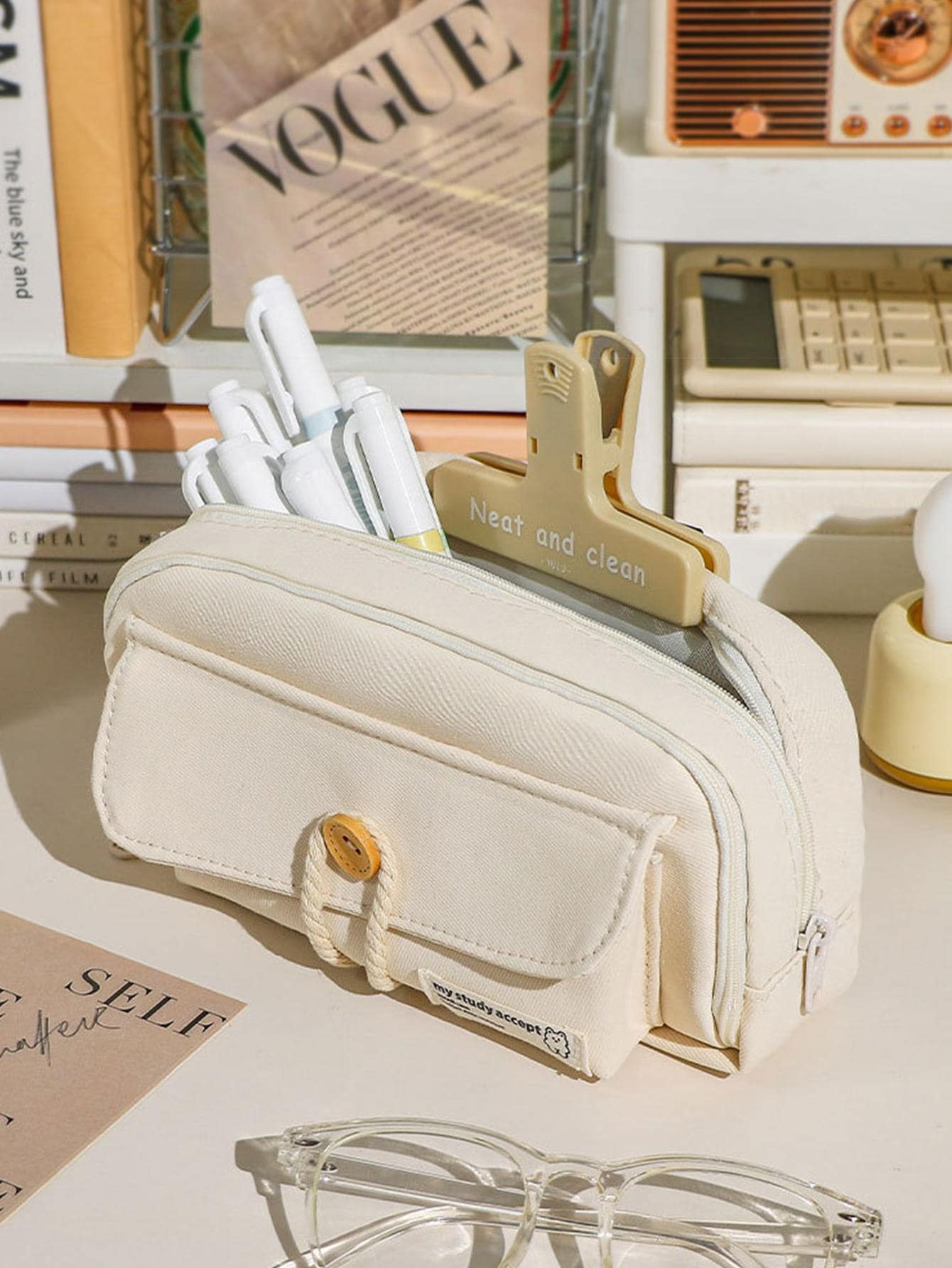 Creative Button Design Large Capacity Multiple Compartment Pencil Case With Cream Decoration - White - View 1