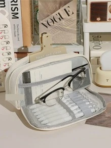 Creative Button Design Large Capacity Multiple Compartment Pencil Case With Cream Decoration - White - View 3