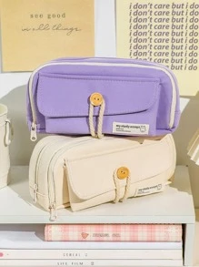 Creative Button Design Large Capacity Multiple Compartment Pencil Case With Cream Decoration - White - View 4