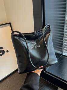 时尚新款设计大容量字母刺绣单肩包 - 黑色 - 查看 4