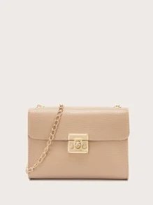 Lizard Pattern Simple Chain Twist Lock Crossbody Square Bag - Khaki - View 1