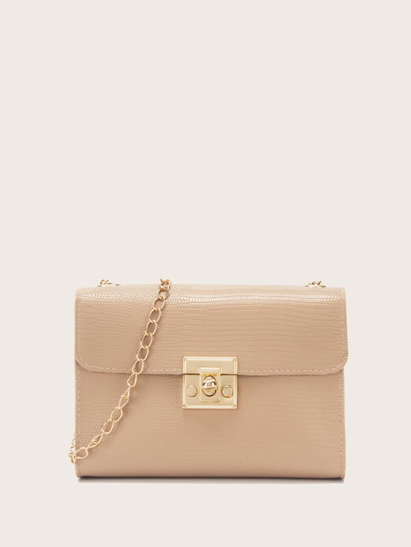 Lizard Pattern Simple Chain Twist Lock Crossbody Square Bag - Khaki - View 1