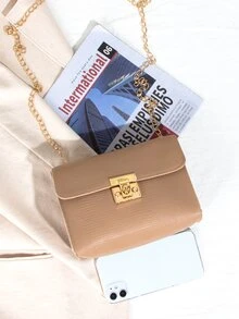 Lizard Pattern Simple Chain Twist Lock Crossbody Square Bag - Khaki - View 5