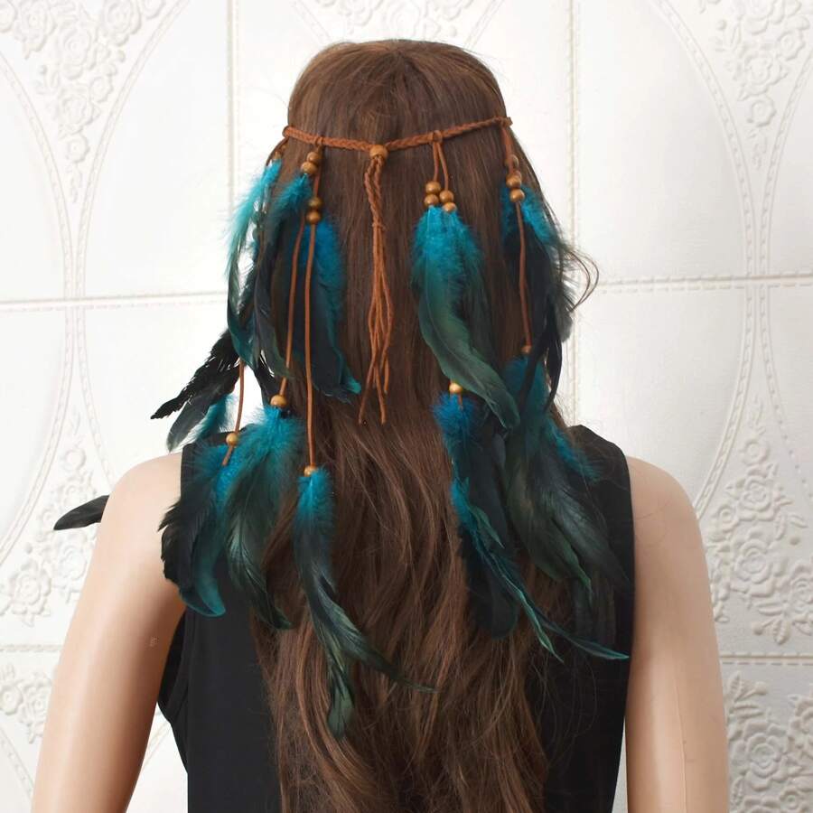 1pc/2pcs Woven Rope Wood Bead Feather Headband For Women, Bohemian Handmade  Festival Party Hair Accessory - Blue - View 1