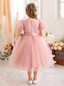 Young Girl Independence Day Puff Sleeve Embroidered Tulle Party Dress, Elegant Princess Style Dress Suitable For Girls Birthday Party, Wedding Flower Girl, Stage Performance, Holiday Celebration