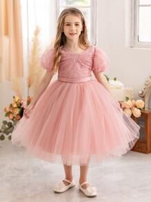 Young Girl Independence Day Puff Sleeve Embroidered Tulle Party Dress, Elegant Princess Style Dress Suitable For Girls Birthday Party, Wedding Flower Girl, Stage Performance, Holiday Celebration
