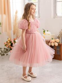 Young Girl Independence Day Puff Sleeve Embroidered Tulle Party Dress, Elegant Princess Style Dress Suitable For Girls Birthday Party, Wedding Flower Girl, Stage Performance, Holiday Celebration