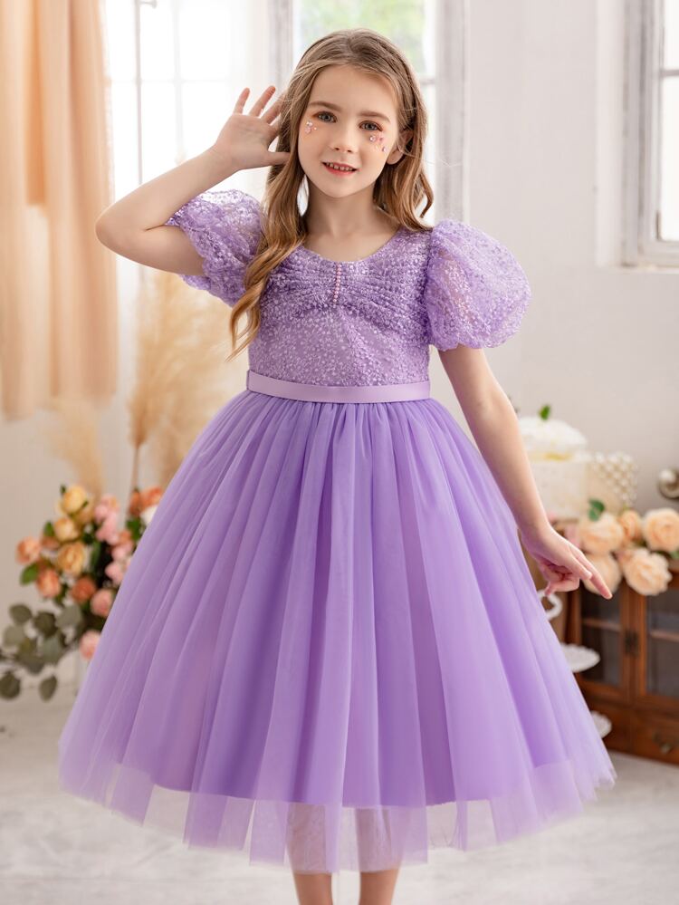 Young Girl Heart-Shaped Princess Tulle Dress With Handmade Beading & Puff Sleeves, Suitable For Birthday Party, Valentine's Day Gift, Party, Wedding Flower Girl, Stage Performance, Holiday Celebration