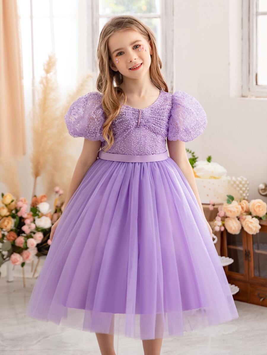 Young Girl Christmas Princess Tulle Puff Sleeve Beaded Decor Dance