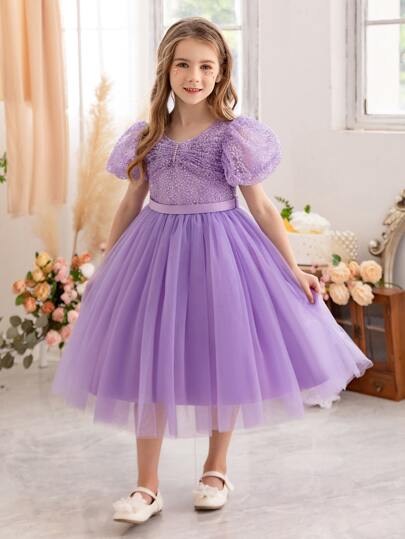 Young Girl Heart-Shaped Princess Tulle Dress With Handmade Beading & Puff Sleeves, Suitable For Birthday Party, Valentine's Day Gift, Party, Wedding Flower Girl, Stage Performance, Holiday Celebration