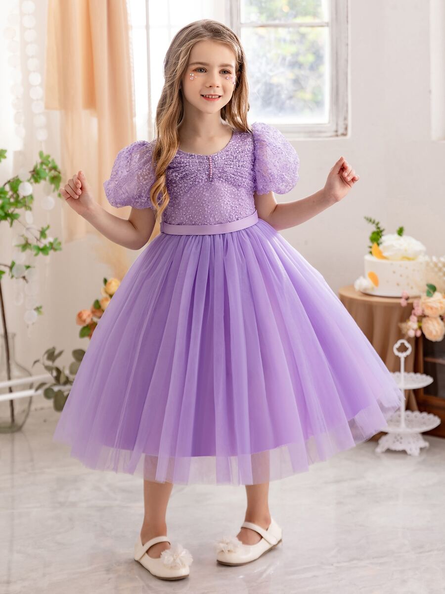 Young Girl Christmas Princess Tulle Puff Sleeve Beaded Decor Dance