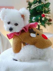 1件秋冬加厚絨面呢襯衫釘扣犬貓服裝,聖誕節款式,鹿角設計