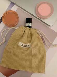 綿綢拉繩收納袋,帶有字母貼片裝飾,適用於派對禮物,婚禮糖果袋和配件 - 杏色 - 查看 3