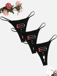 3PCS Letter Graphic Thong - Black - View 1