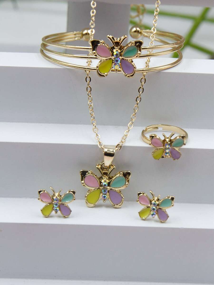 5pcs Colorful Butterfly Pendant Jewelry Set With Oil Drop Effect, Suitable For Festival Gifts