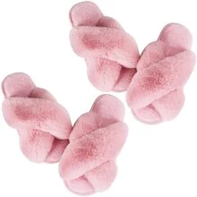 1/2 Pairs Women Slippers Fluffy Slippers Memory Foam Cross Band Furry Open Toe Slippers Cozy Plush Home Shoes Indoor Outdoor Anti-Slide Slipper - 粉色 - 2對 - 查看 1